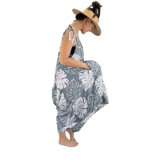 Pōʻalima Gray White Monstera Tropical Boho Wide Leg Beach Romper - Picture 5 of 16